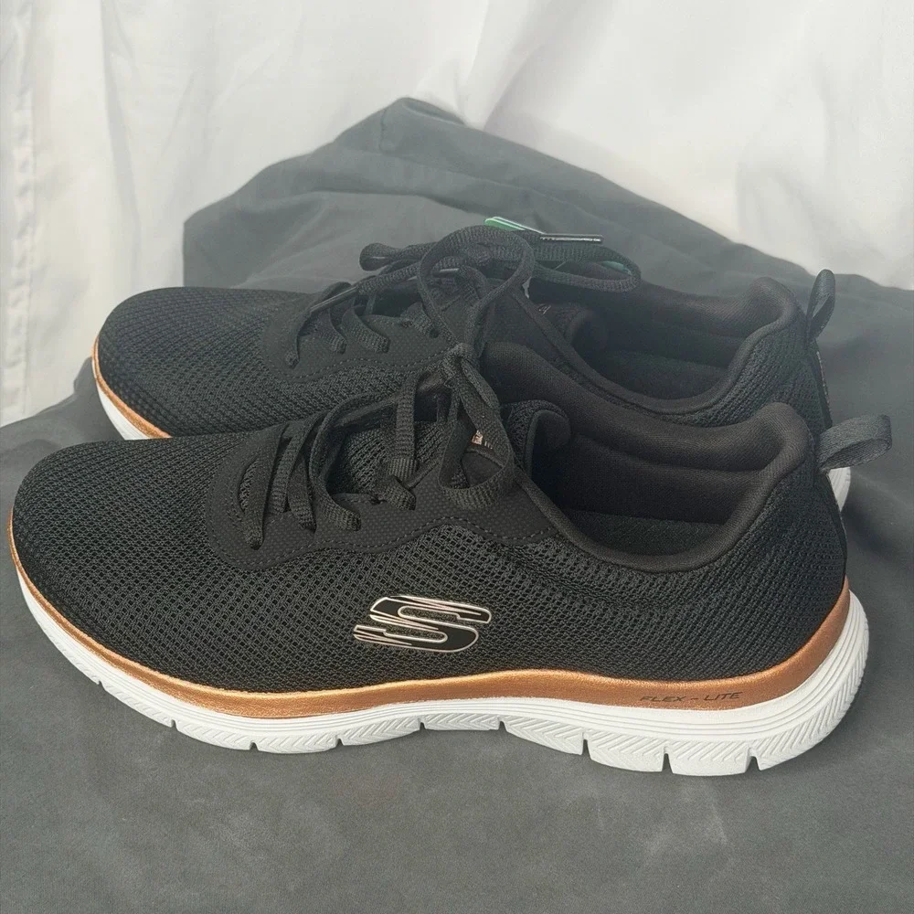 Skechers Flex Appeal 4.0 Black/Rose Gold Lace Up Sneakers. Sz. 7.5 NWT